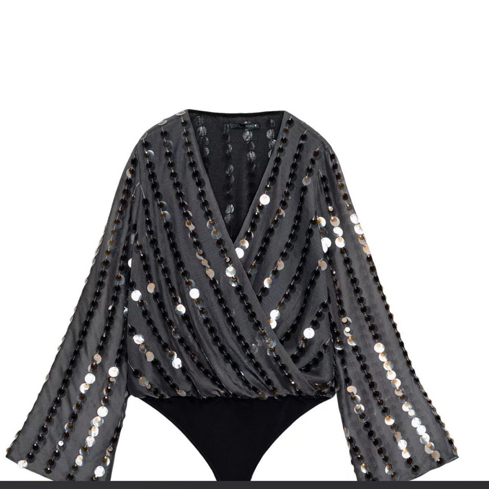 Zara Black Sequin Wrap Bodysuit